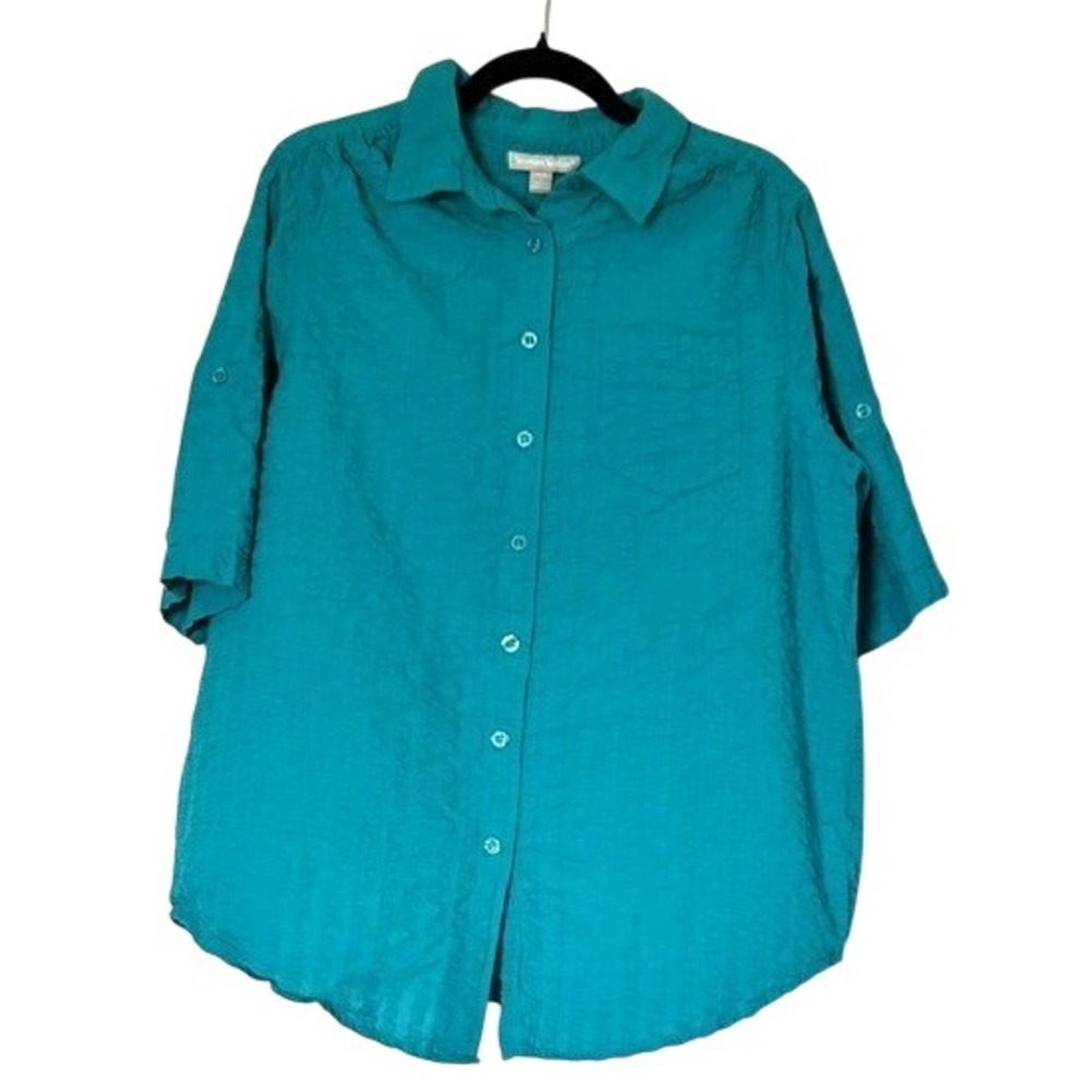 Woman Within 100% Cotton Seersucker Roll Tab Coastal Grandma Button Down 18/20